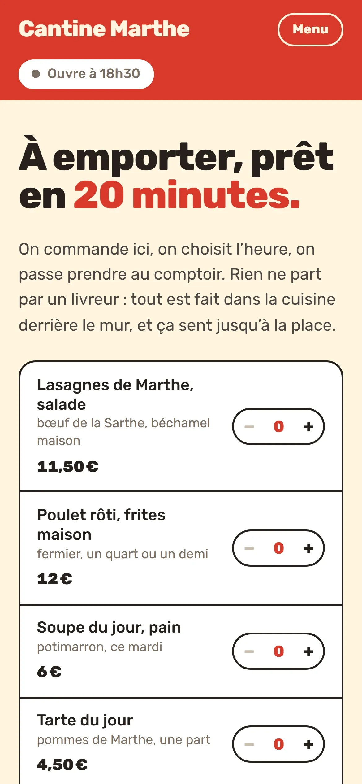 Le site de Cantine Marthe, un exemple, sur un téléphone