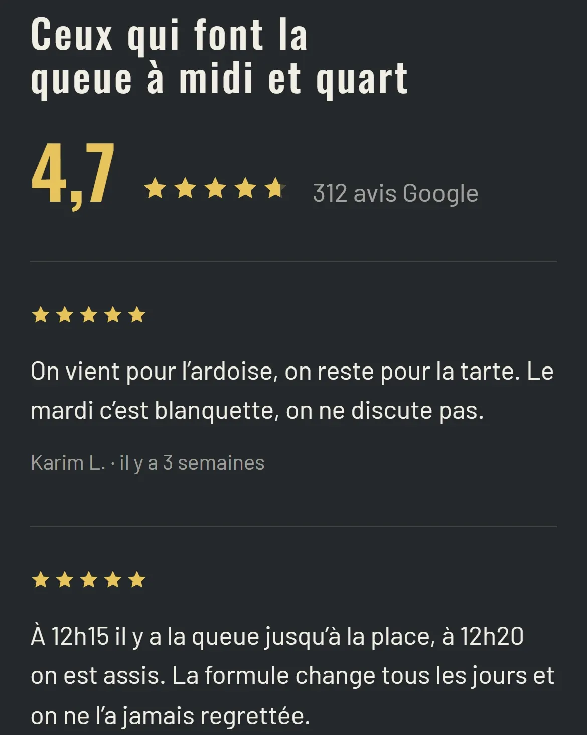La note Google et deux avis