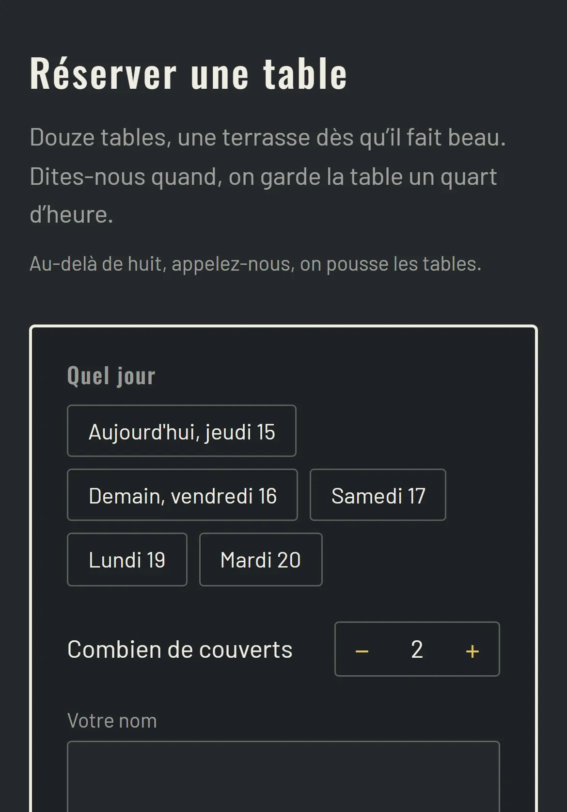 Le formulaire Réserver une table
